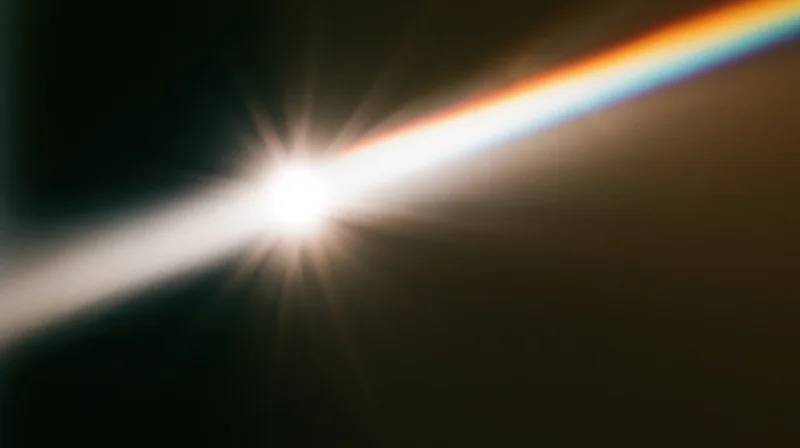 Bright light source emitting a starburst flare with rainbow spectrum against dark background