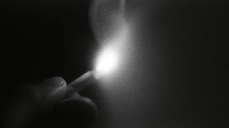 Hand holding lit match in dark, flame glowing brightly with smoke rising