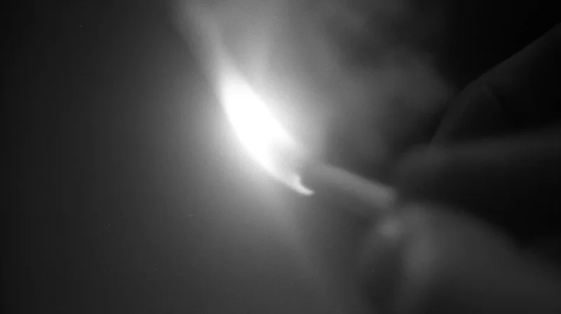 Hand lighting a cigarette in dark, smoke rising, close-up view