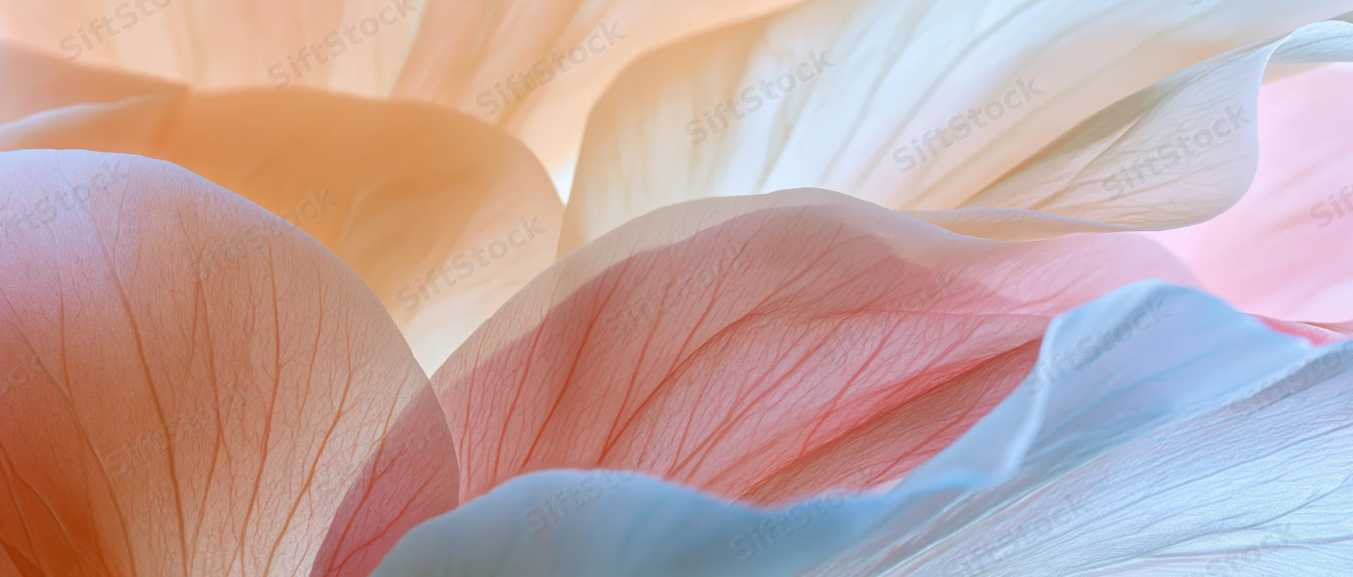 Closeup of layered flower petals in soft pastel colors with visible veins and gentle light gradients