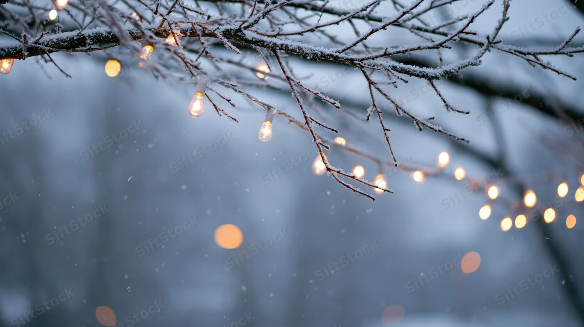 Snow-covered tree branches with glowing string lights during winter evening