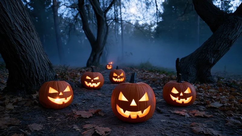 Carved pumpkins glowing in a foggy forest at night surrounded by fallen leaves and bare trees