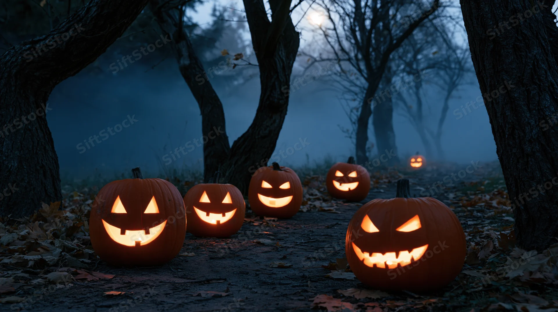 Glowing jack-o'-lanterns lined along a foggy forest path at night