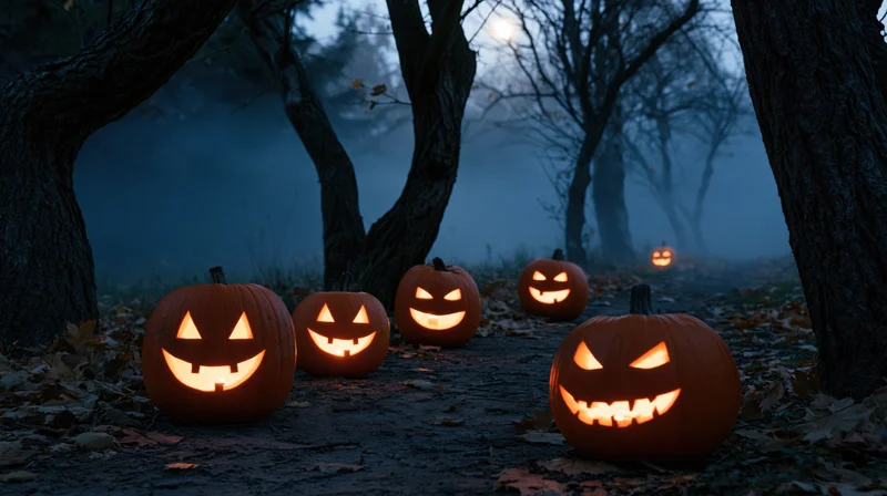 Glowing jack-o'-lanterns lined along a foggy forest path at night