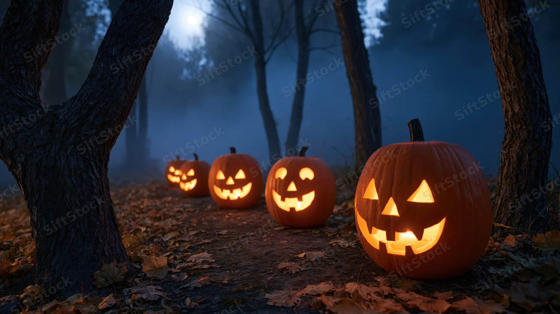 Carved pumpkins glowing along a foggy forest path at night