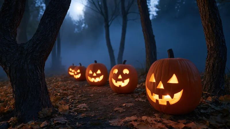 Carved pumpkins glowing along a foggy forest path at night