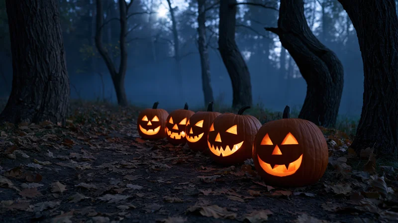 Carved pumpkins glowing in a dark forest path lined with autumn leaves