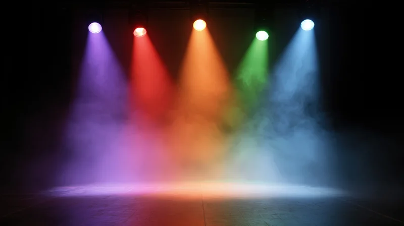 Five colored spotlights shining down on a smoky stage floor