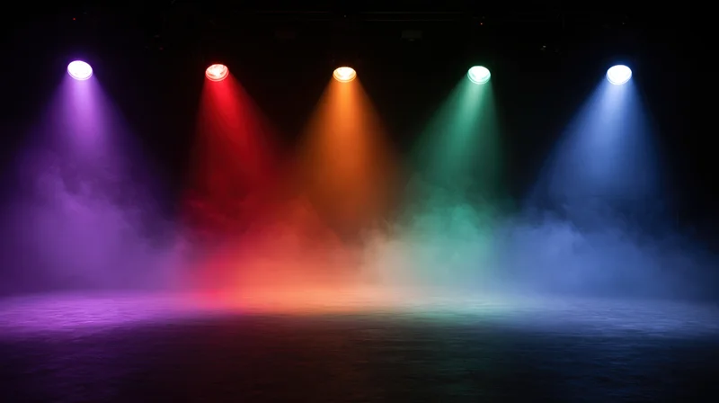 Five colored spotlights shining down on a smoky stage floor