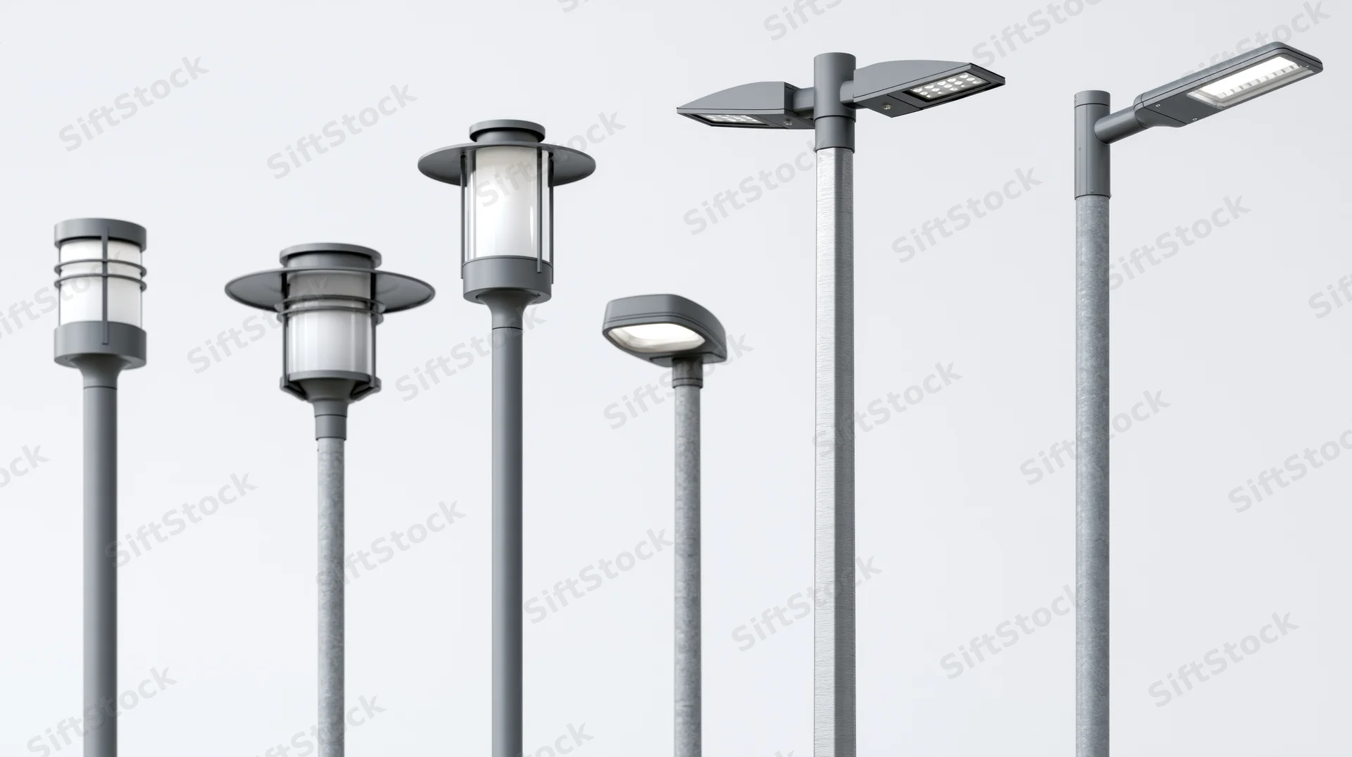 Six different streetlight designs arranged vertically on gray poles against a plain white background