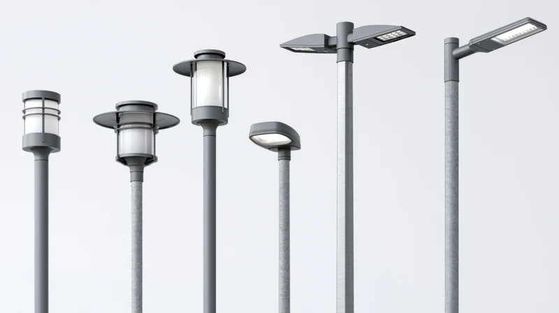 Six different streetlight designs arranged vertically on gray poles against a plain white background
