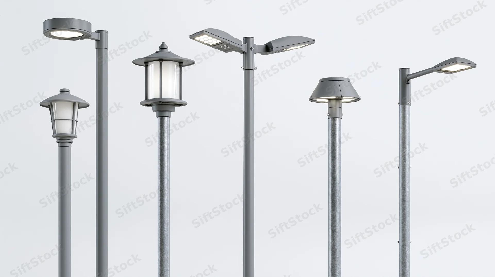Five different streetlight designs arranged in a row against a plain white background