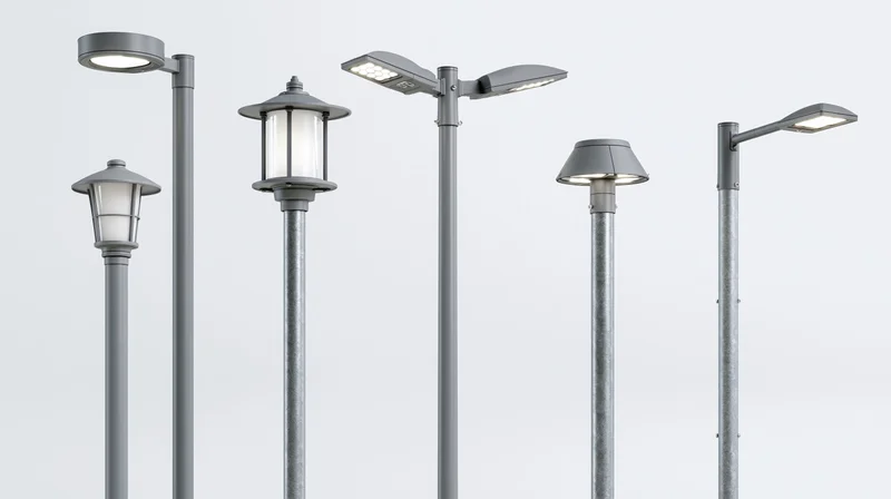 Five different streetlight designs arranged in a row against a plain white background