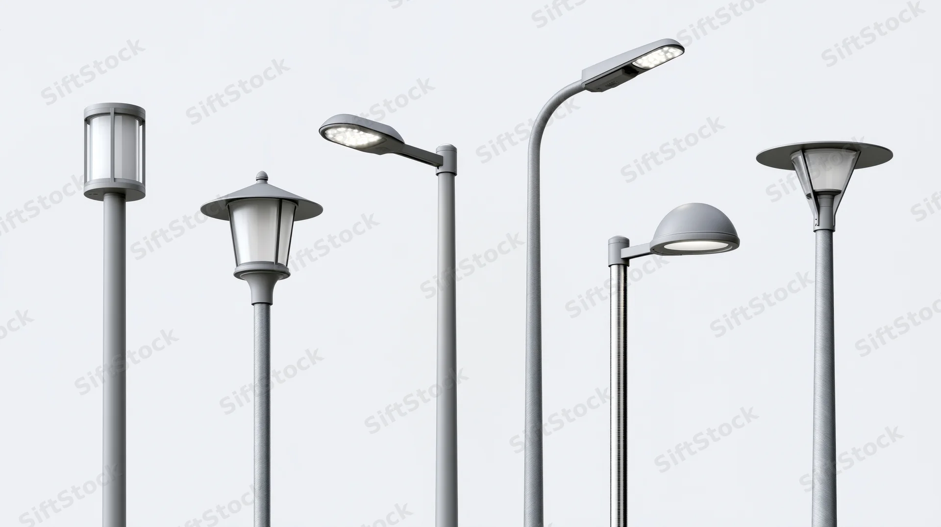 Six different streetlight designs arranged in a row against a plain white background