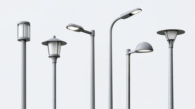 Six different streetlight designs arranged in a row against a plain white background