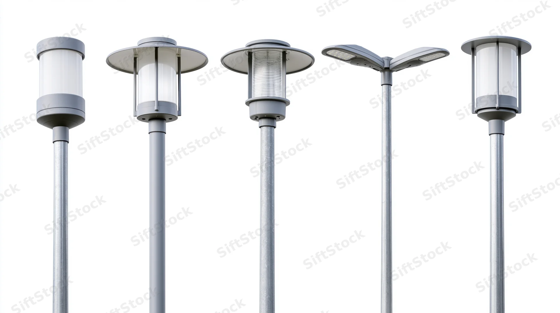 Five modern streetlights arranged in a row on white background