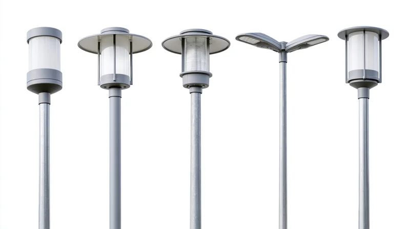 Five modern streetlights arranged in a row on white background