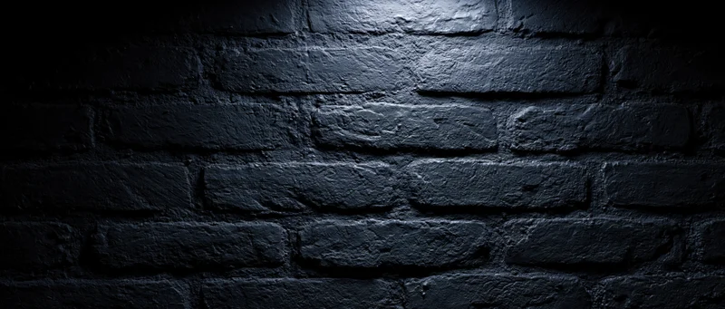 Dark textured brick wall illuminated by spotlight in dim interior space