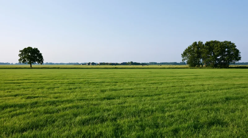 Expansive green field with scattered trees under clear blue sky in rural countryside