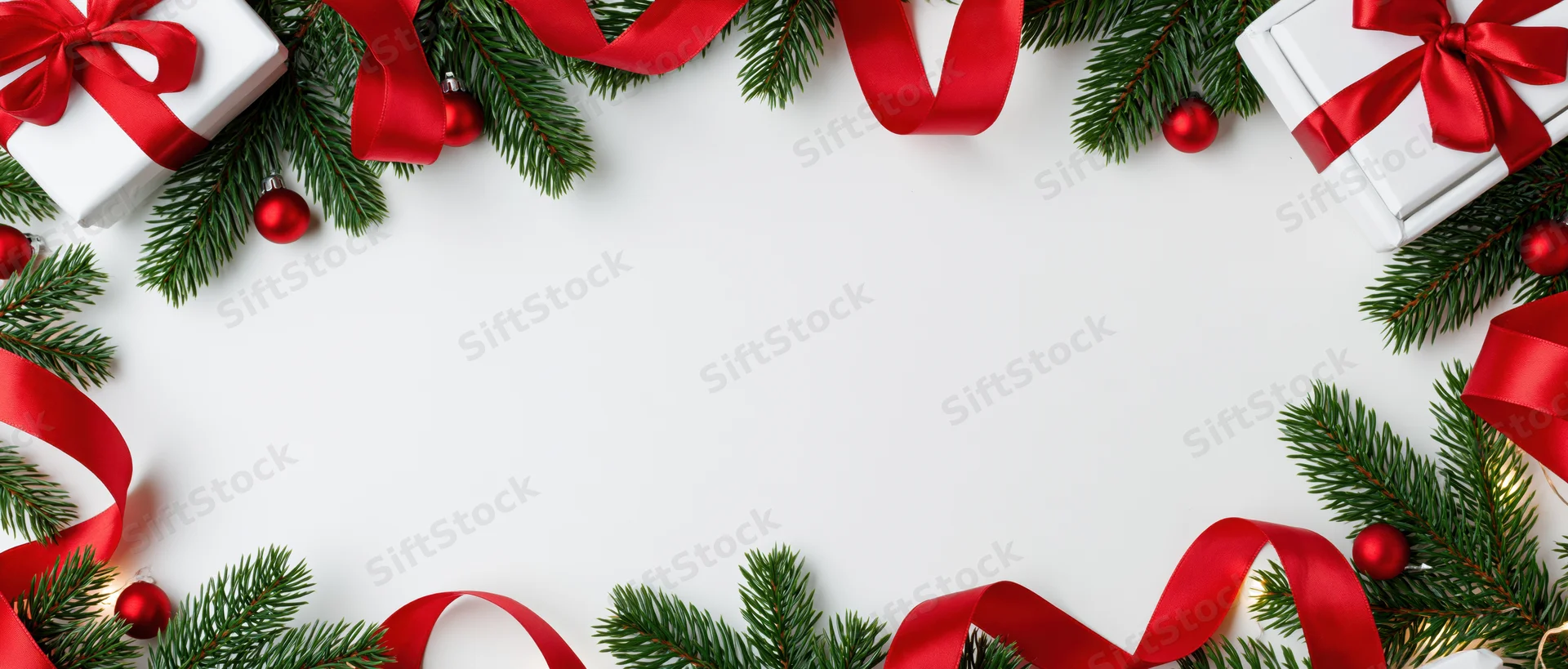 Christmas decorations arranged in a frame around a white copyspace background
