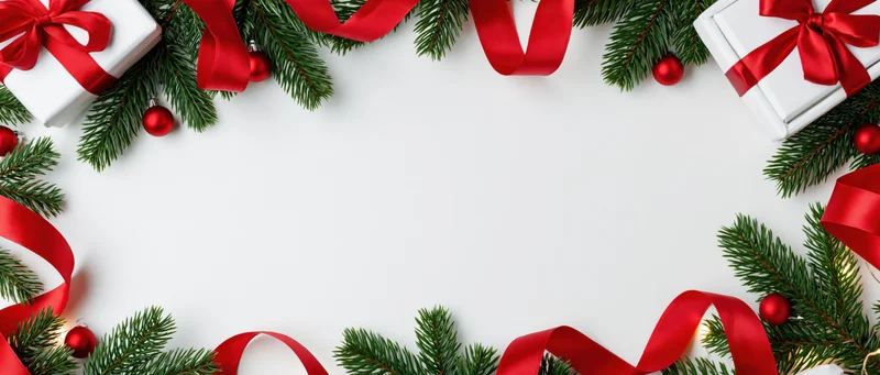 Christmas decorations arranged in a frame around a white copyspace background