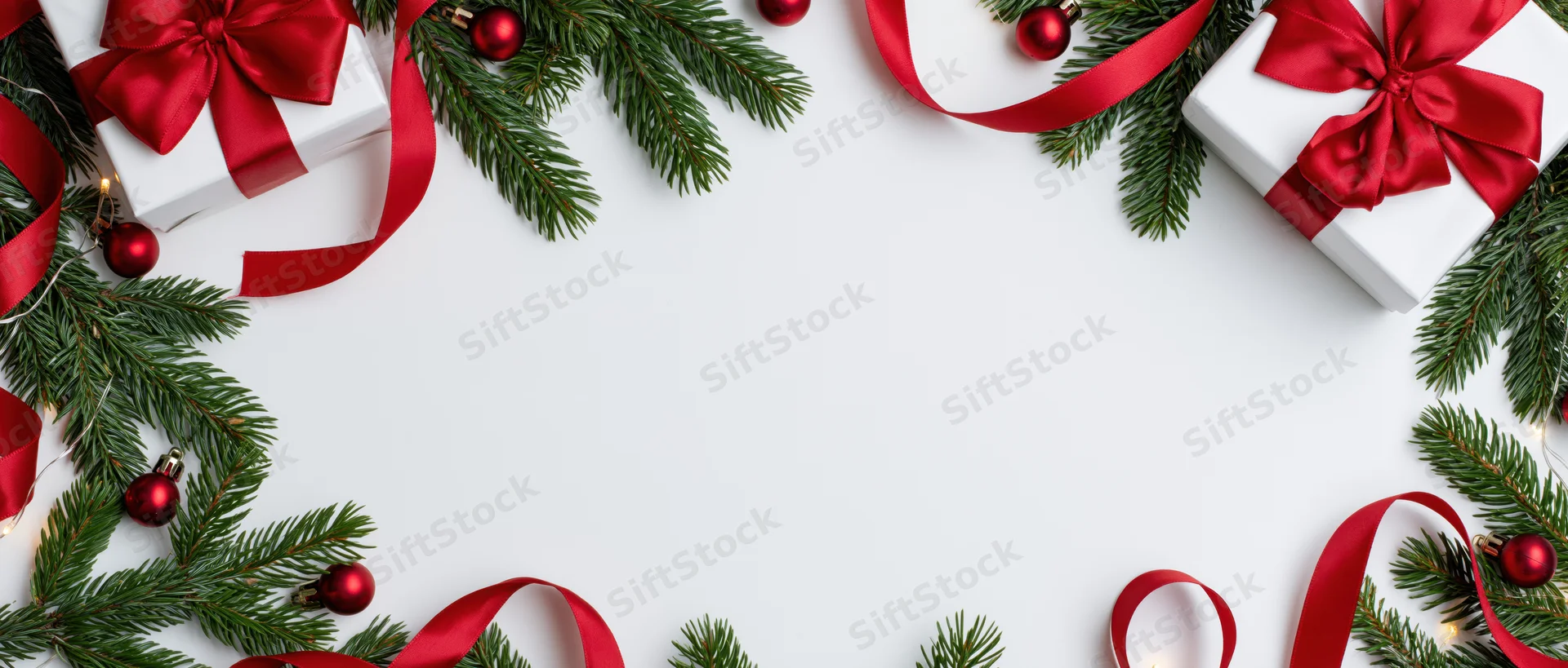 Christmas decorations and gifts arranged in a frame on white background with copyspace