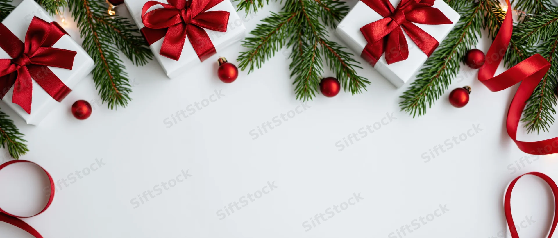 White gift boxes with red ribbons and pine branches arranged as a border on a plain surface