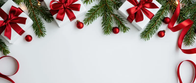 White gift boxes with red ribbons and pine branches arranged as a border on a plain surface