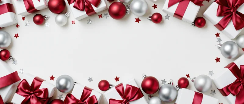 Christmas decorations and wrapped gifts arranged in a border around a white copyspace