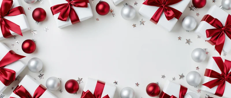 Christmas gifts and ornaments arranged in a frame on white background with copyspace