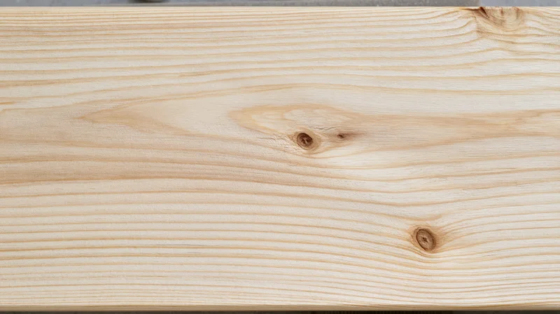 Closeup of a light pine wood plank showing natural grain and knots, horizontal surface with smooth texture