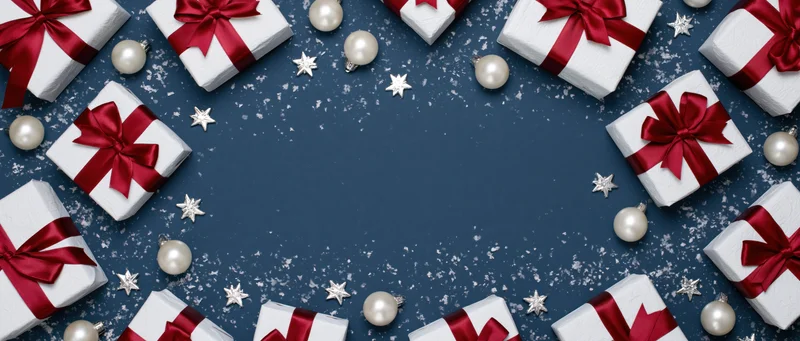 Wrapped gifts with red ribbons and silver ornaments arranged in a border on a blue snowy background with copyspace in center