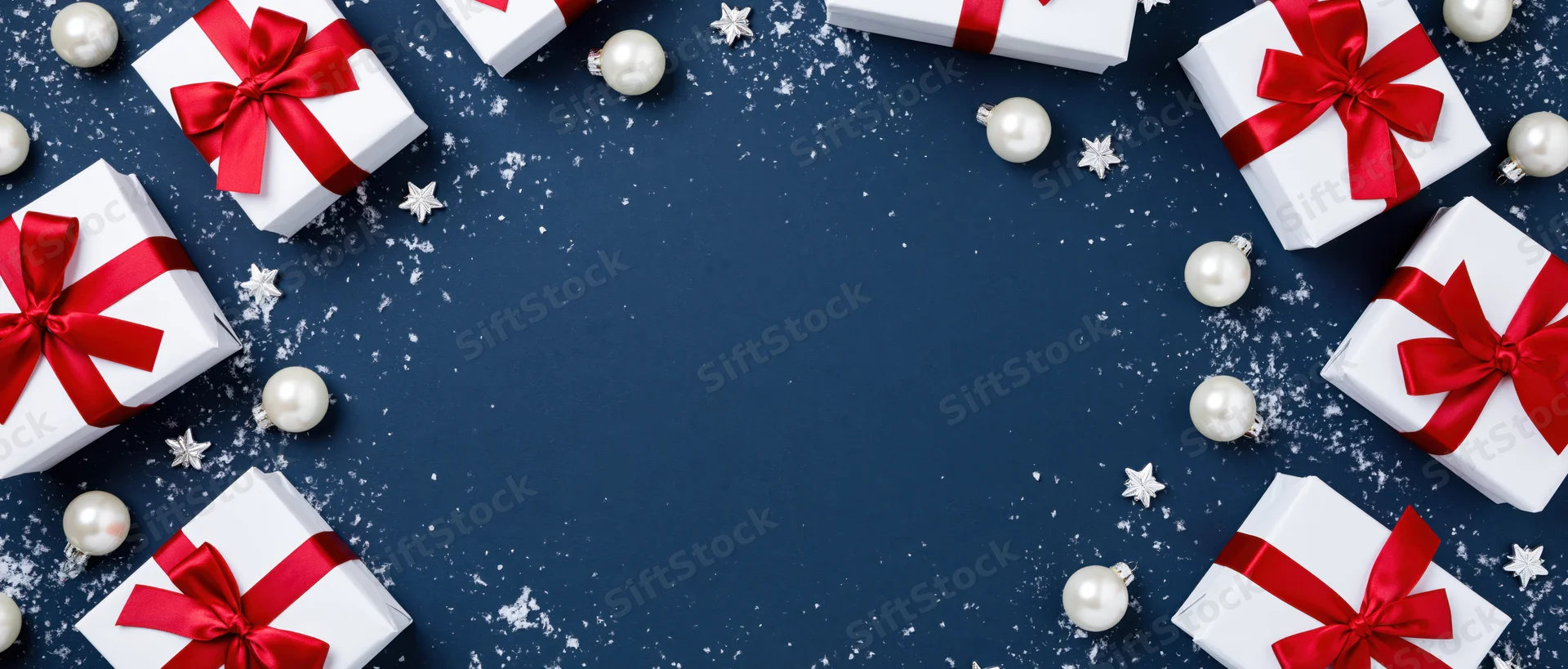 White gift boxes with red ribbons arranged in a frame on a dark blue background with snow and ornaments
