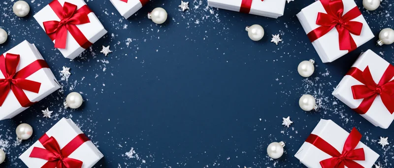 White gift boxes with red ribbons arranged in a frame on a dark blue background with snow and ornaments