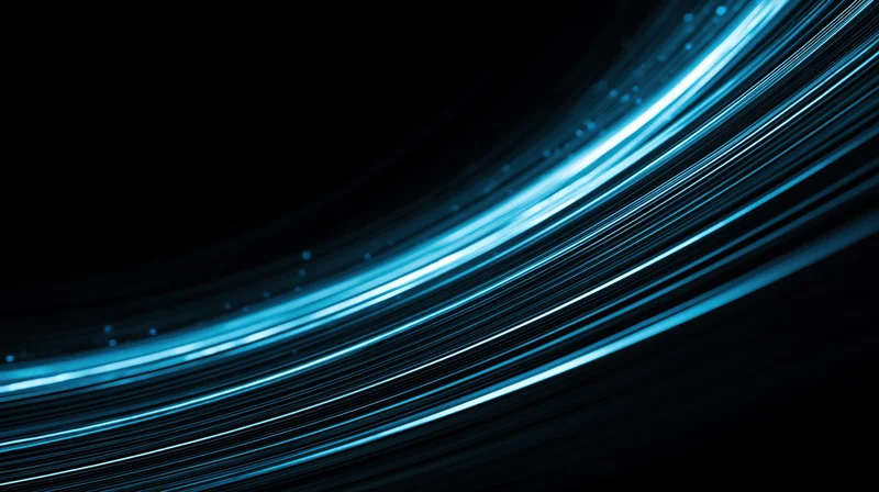 Glowing blue light streaks curving across a dark background