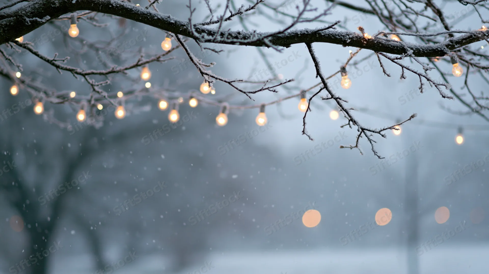 Snow-covered tree branches with string lights glowing softly in winter evening outdoors