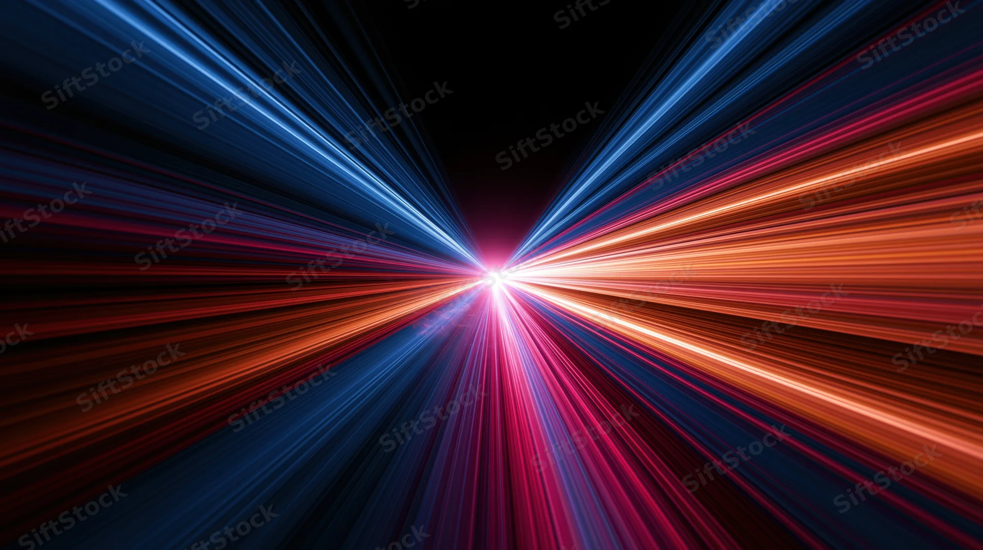 Radiant light beams converging from opposite directions in a dark space