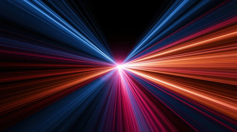 Radiant light beams converging from opposite directions in a dark space