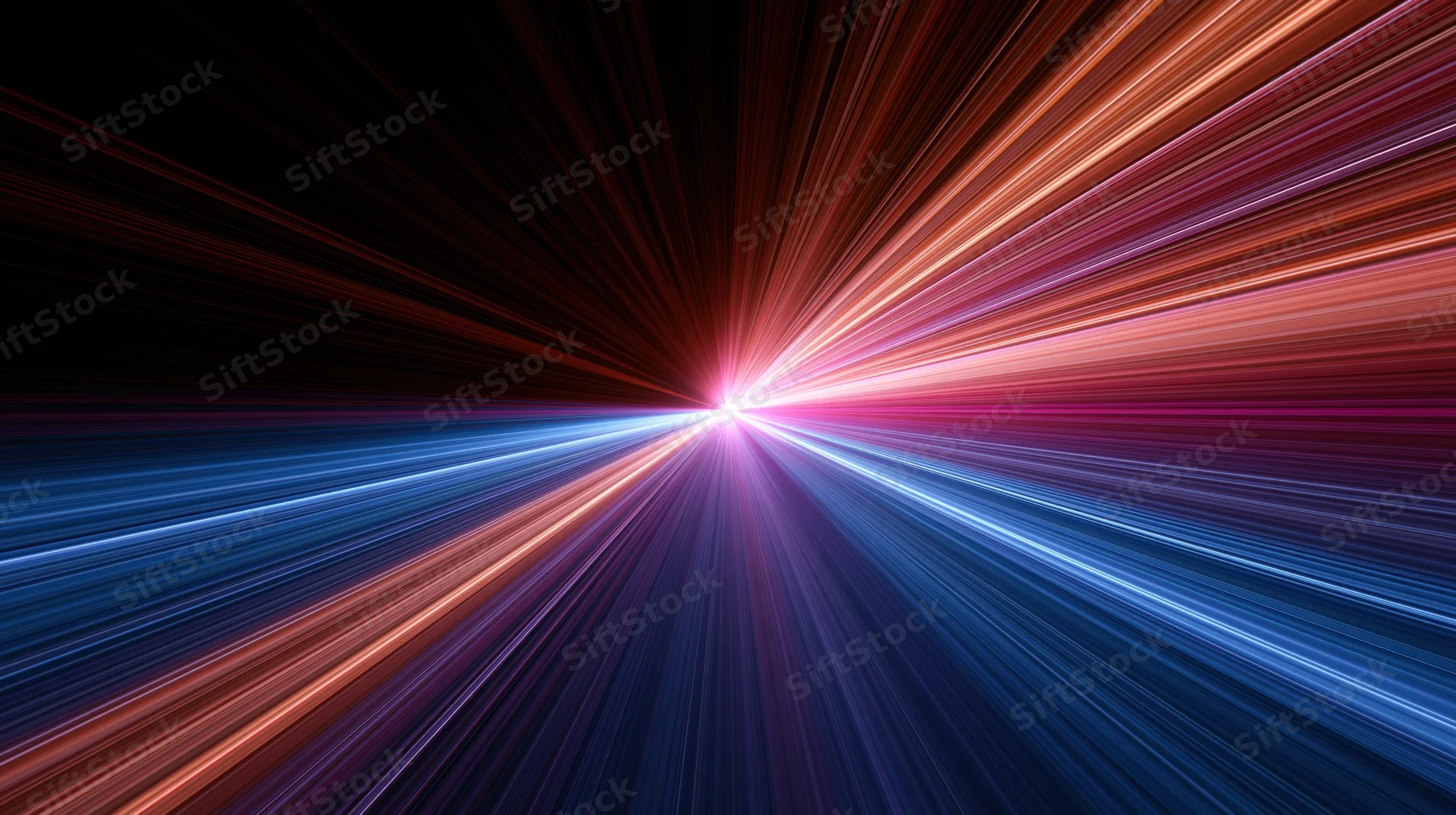 Radiant light beams exploding outward from a central point in a dark space