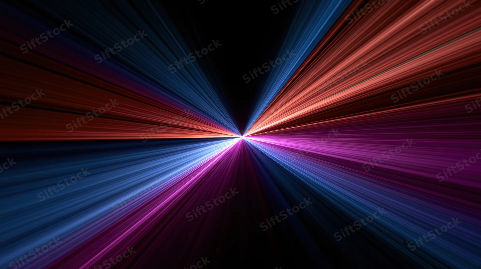 Radiant light rays bursting from a central point in a dark space