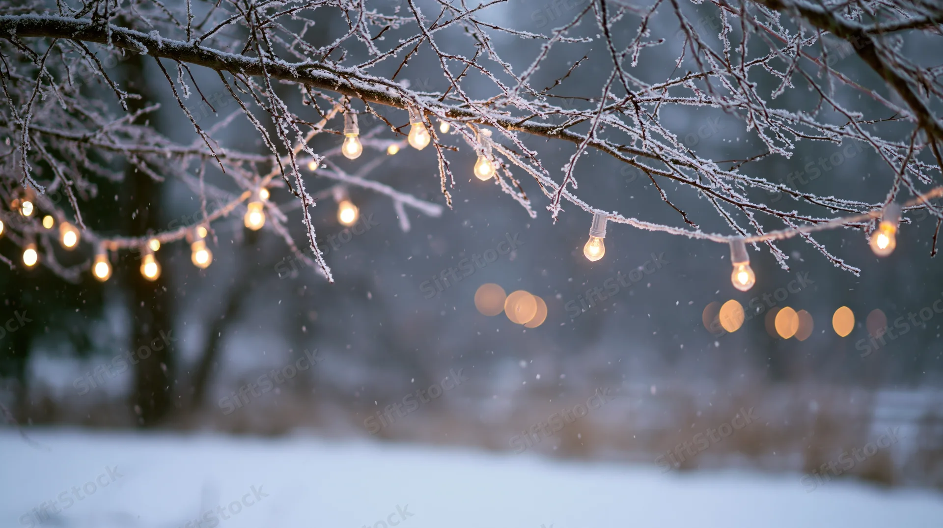 String lights glowing on snow-covered tree branches in a winter garden at dusk