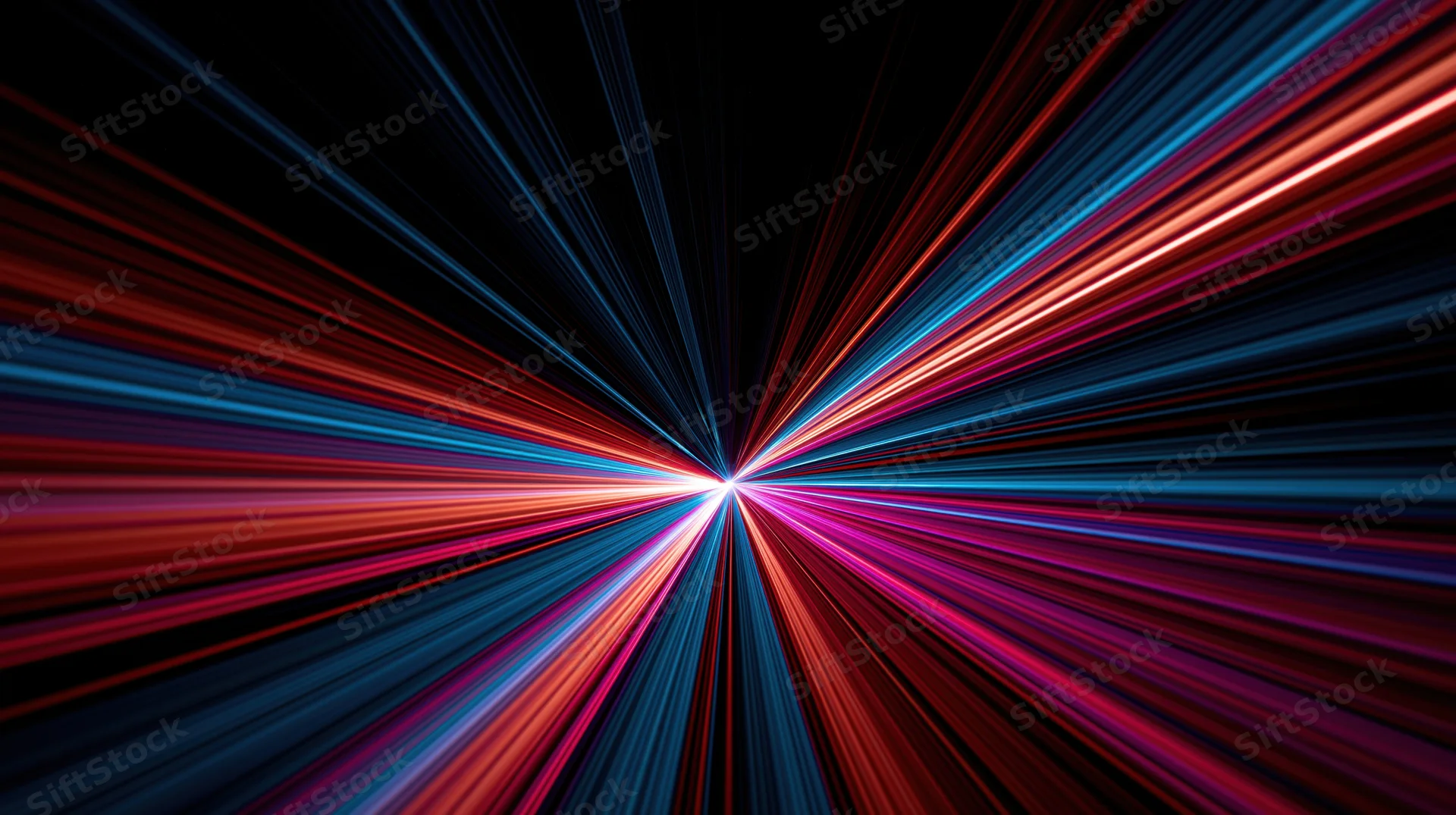 Radiant light streaks bursting outward from a central point in a dark space