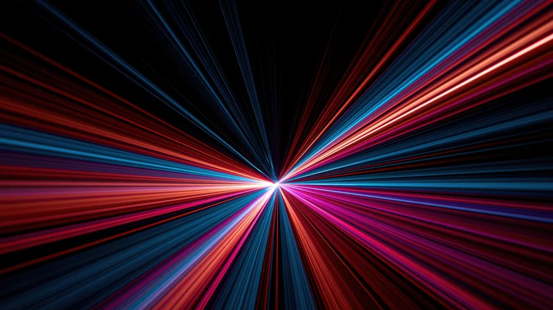 Radiant light streaks bursting outward from a central point in a dark space