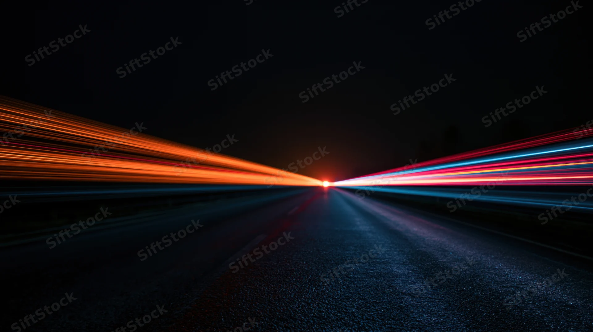 Long exposure view of a dark road with streaking vehicle lights converging toward a distant point