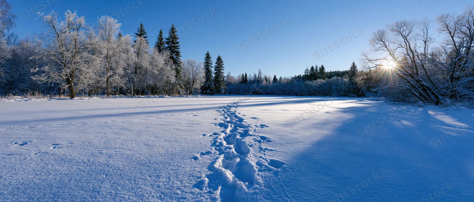 Footprints in deep snow leading through a frost-covered forest on a clear winter morning
