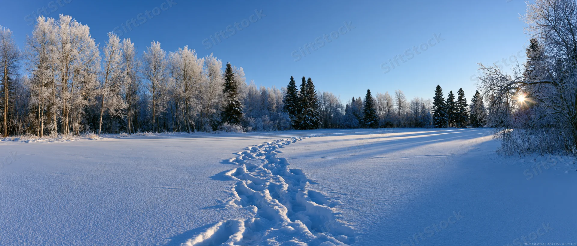 Footprints in snow leading through a frost-covered forest on a clear winter morning