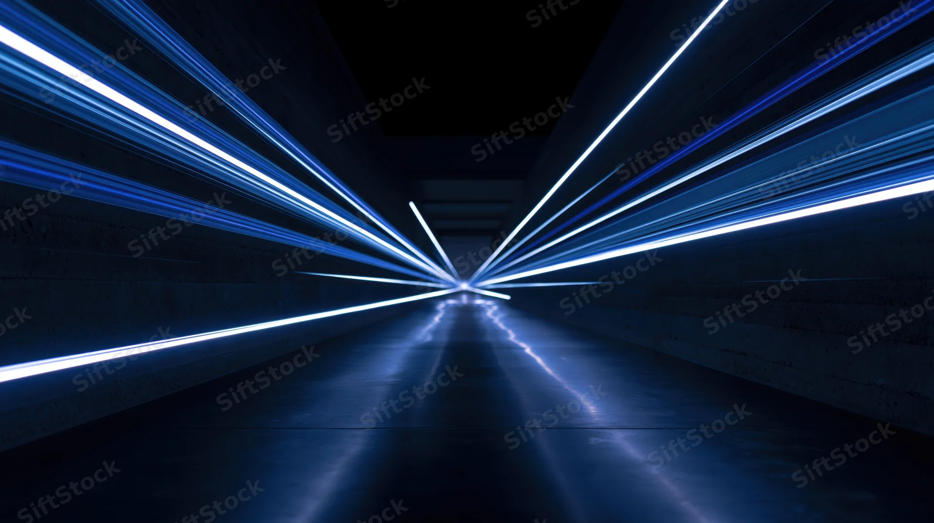 Blue neon light streaks converging in a dark concrete tunnel corridor