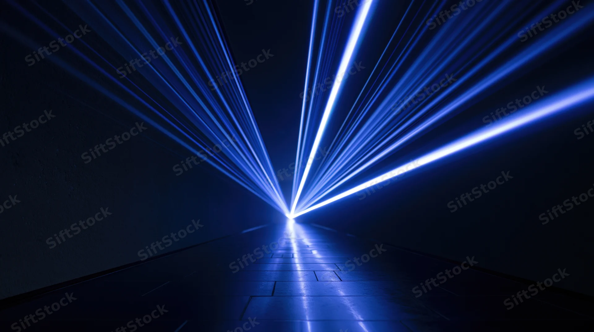 Blue neon light beams converging in a dark futuristic tunnel corridor