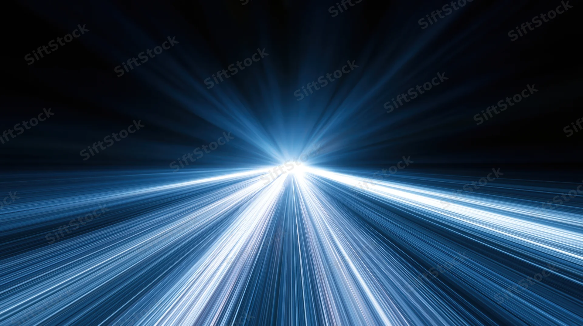 Radiant blue light beams converging at center in abstract tunnel perspective