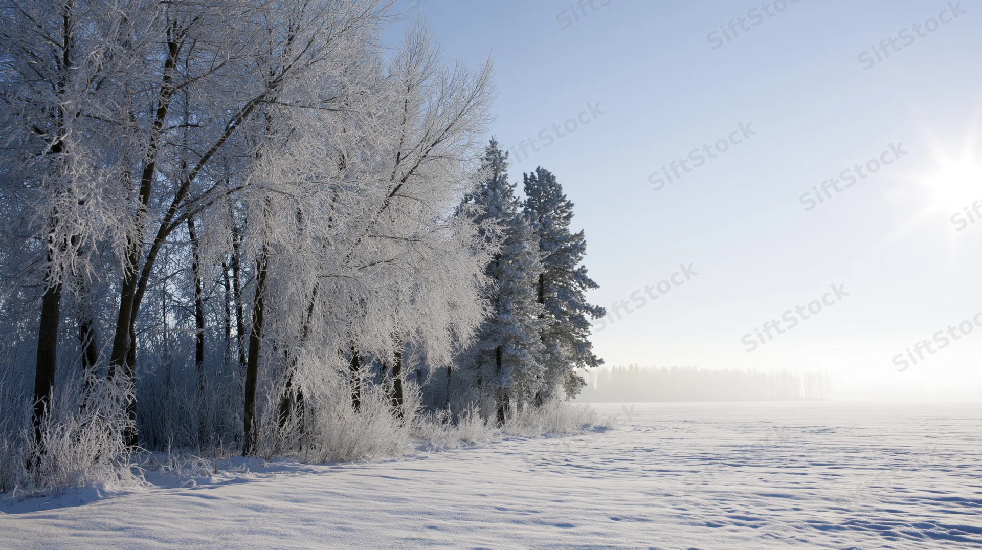 Snow-covered trees and pine forest along a frozen field under bright winter sunlight